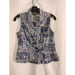 Vintage Harley Davidson women's Blue and Ivory Button up top Size Medium